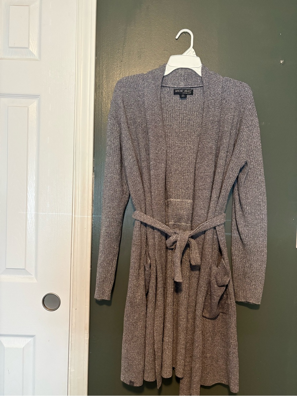 Barefoot Dreams CozyChic Lite Gray Solid Knit Shawl Collar Robe Tie S/M